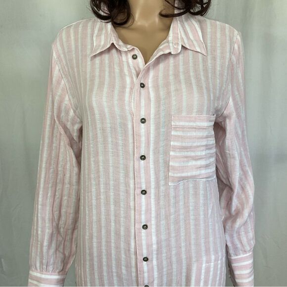 NEW Plush Apparel Pink White Striped Cotton & Linen Pajamas Sleep Romper Small - Picture 7 of 11